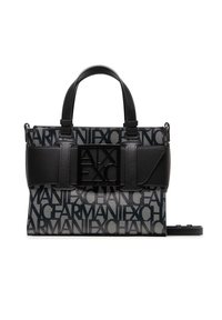 Zwarte en grijze stoffen tas met opvallend "Armani Exchange" logo, gestructureerde vorm, dubbele bovenhandvaten en een afneembare schouderband. Textuuraccenten aanwezig.