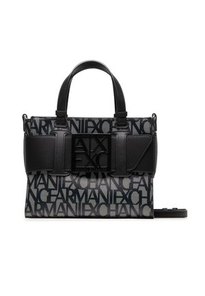 Borsa in tessuto nera e grigia con audace logo "Armani Exchange", forma strutturata, manici superiori doppi e tracolla removibile. Presenti dettagli testurizzati.