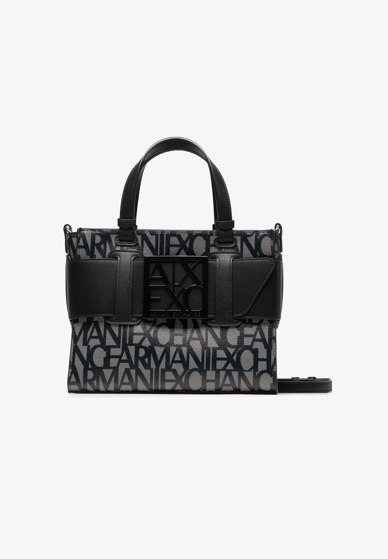 Saco de tecido preto e cinza com o ousado logo "Armani Exchange", formato estruturado, duas alças superiores e uma alça removível. Apresenta acabamentos texturizados.