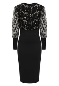 Robe noire avec une silhouette ajustée, des manches brodées en tulle transparent ornées de motifs floraux, et un col rond avec une fermeture éclair discrète au dos.
