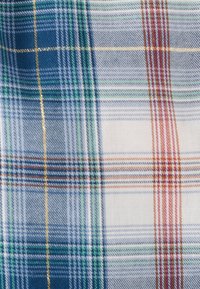 Tessuto a quadri che presenta blu, verde e bianco con accenti rossi e dorati. Il design include strisce sottili e spesse con una texture intrecciata.