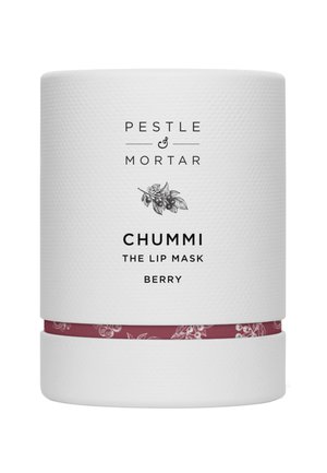 Conteneur blanc texturé avec une marque gravée, présentant une étiquette marron avec des motifs floraux. Le produit est un masque à lèvres aux baies nommé Chummi.