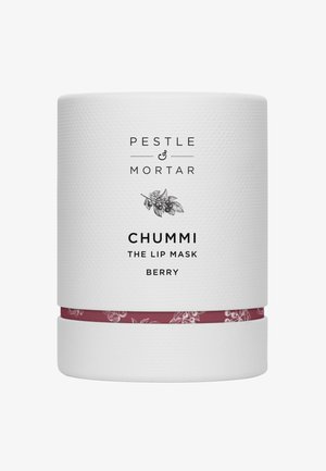 White textured container with engraved branding, featuring a maroon label with floral patterns. The product is a berry lip mask named Chummi.