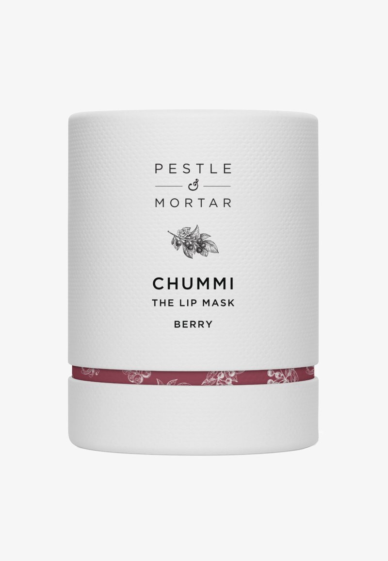 Conteneur blanc texturé avec une marque gravée, présentant une étiquette marron avec des motifs floraux. Le produit est un masque à lèvres aux baies nommé Chummi.