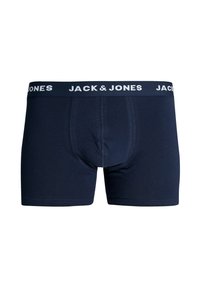 Navy blue boxer shorts with a fitted design. Made of soft material, featuring a white elastic waistband with "JACK & JONES" text.