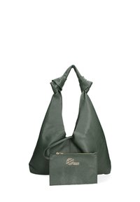 Sac en cuir vert avec une poignée nouée et une finition texturée. Comprend une petite pochette assortie avec une fermeture éclair dorée et un détail logo.