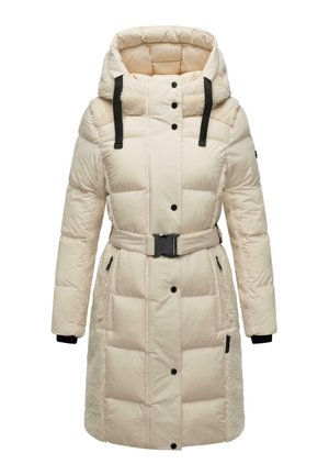 Heledbeez puffer-kate koos kapuutsiga, vöödiga taljes, mustade nööpide ja pehme tekstuuri külgpaneelidega. Sisaldab kahte küljetaskut.