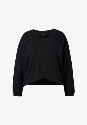 Schwarzes, langärmliges, verkürztes Sweatshirt mit rundem Ausschnitt, asymmetrischem Design und strukturiertem Stoff. Mit elastischen Bündchen und lockerer Passform.