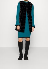 Teal randig klänning med svart pälsväst som har knappstängning. Modellen bär knähöga svarta stövlar. Slät textur och figurnära design.