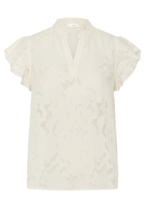 White blouse with a textured pattern, short ruffled sleeves, and a V-neckline. Lightweight fabric with a slightly sheer appearance.