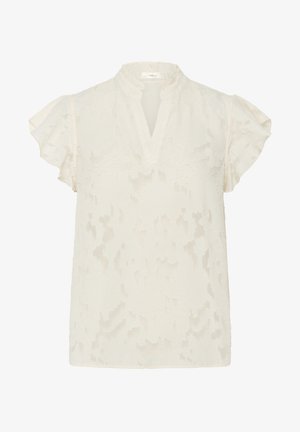 Weiße Bluse mit strukturiertem Muster, kurzen, rüschierten Ärmeln und V-Ausschnitt. Leichtes Material mit einem leicht durchsichtigen Erscheinungsbild.