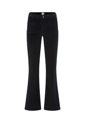 Zwarte corduroy broek met voorzakken, knoop- en ritssluiting, en een lichte flared pijpen.