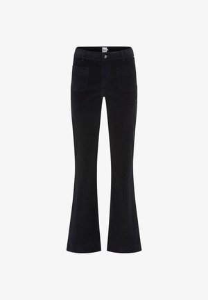 Pantaloni in velluto a coste neri con tasche frontali a pezzo, chiusura con bottone e zip, e leggero silhouette a gamba svasata.