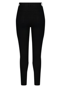 Jean skinny noir en denim avec taille haute, deux poches arrière et texture lisse. Pas de marque ni d'embellissements visibles.