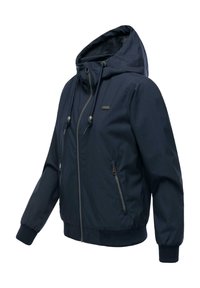 Veste à capuche bleu marine avec fermeture éclair frontale, capuche à cordon, poches latérales zippées, poignets et ourlet côtelés, présentée sur un fond blanc.