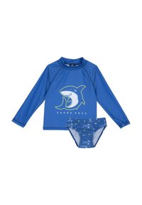 Blå rash guard med långa ärmar som har en hajar grafik och texten "SHARK AREA". Matchande blå simbyxor med fiskmönster.