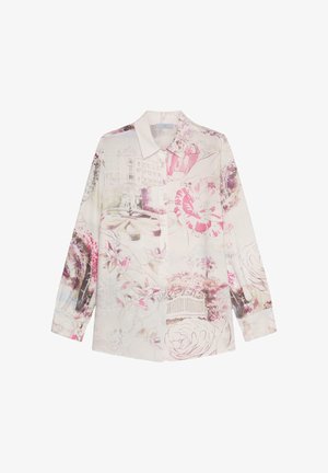 Blouse à manches longues boutonnée avec imprimé floral rose pâle et architectural sur tissu crème clair, dotée d'un col classique et de manches avec poignets.
