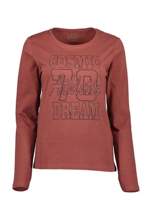 Koszula z długim rękawem koloru rdzy z okrągłym dekoltem i czarnym napisem „Cosmic Athletic 70 Dream” na piersi.