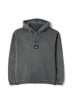 Sweat à capuche gris foncé avec demi-fermeture éclair, écusson sur la poitrine avant représentant deux figures stylisées, poignets et ourlet côtelés.