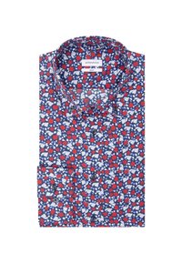 Chemise homme slim fit à boutons avec fond bleu et motif floral rouge et blanc, soigneusement pliée avec col et poignets visibles.