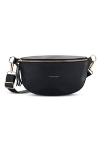 Czarna skórzana torebka crossbody z złotym zamkiem, owalny kształt, gładka tekstura oraz logo marki. Posiada odczepiany pasek i detal z frędzlem.