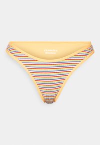 Stripete bikini-bunn med en gul midje, og horisontale linjer i rødt, blått og grønt på et strukturert stoff. Logo trykket inni.