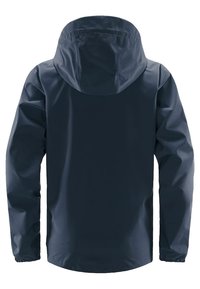 Veste bleu marine résistante à l'eau avec capuche, texture lisse, manches longues et coupe ample, conçue pour une utilisation en plein air.