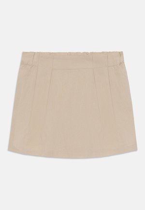 Jupe plissée beige avec une taille élastique, en tissu léger. Ourlet droit avec une texture lisse. Design simple et épuré.