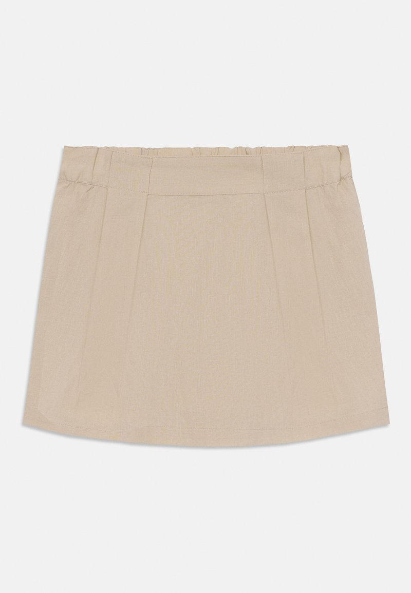 Beige geplisseerde rok met een elastische tailleband, gemaakt van lichtgewicht stof. Rechte zoom met een gladde textuur. Eenvoudig en schoon ontwerp.
