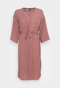 Rose-colored floral kimono with a V-neck, relaxed fit, three-quarter sleeves, and a drawstring waist. Lightweight, soft fabric with subtle patterns.