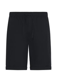 Mustad lühikesed püksid elastse vöörihma, paelaga ja ülesrullitud äärtega; valmistatud kergekaalus kangast, millel on sile tekstuur.