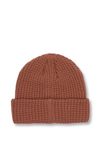 Gehaakte beanie in een warme bruine tint met een geribbelde textuur en een omgeslagen manchetontwerp. Gemaakt van zachte garen, met subtiele verticale patronen.