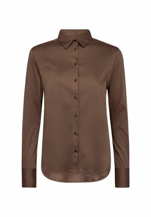Brūna garroku blūze ar pogām, klasisku apkakli un apaļu apakšu, izgatavota no gludas auduma.