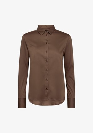 Bruine blouse met lange mouwen, knoopsluiting, klassieke kraag en afgeronde zoom, gemaakt van gladde stof.