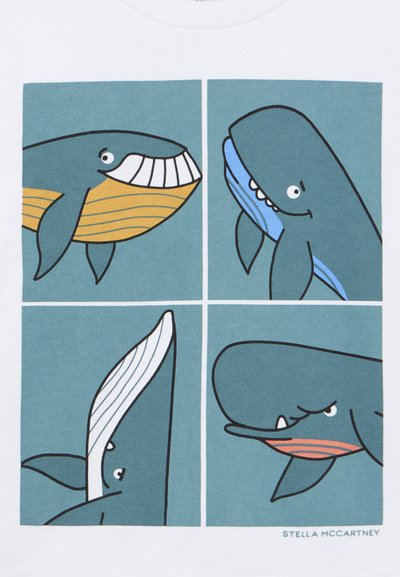 Četras karikatūru stila vaļus atsevišķos zilā rāmjos, katrs rāda dažādas izteiksmes: smaidīgs, ziņkārīgs, kuršās un bēdīgs.