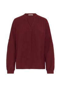 Burgundská blúzka s dlhým rukávom a výstrihom do V, so zberanými manžetami a voľným strihom, vyrobená z textúrovanej látky. Jednoduchý a minimalistický dizajn.