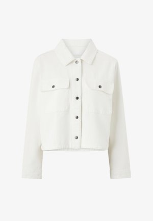 Witte cropped denimjas met lange mouwen, knoopsluiting aan de voorkant, twee borstzakken en zwarte drukknoopjes. Glad, textuurgevend materiaal.