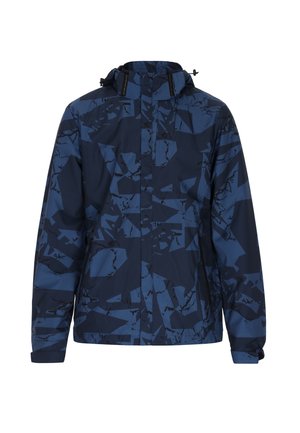 Navyblauwe waterdichte jas met een geometrisch abstract patroon, voorzien van een capuchon, ritssluiting en verstelbare manchetten voor warmte en comfort.