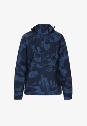 Marineblå vandtæt jakke med et geometrisk abstrakt mønster, der har hætte, lynlås lukning og justerbare manchetter for varme og komfort.
