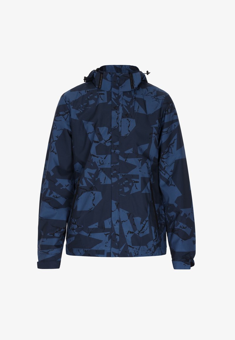 Marineblaue, wasserdichte Jacke mit einem geometrischen, abstrakten Muster, ausgestattet mit Kapuze, Reißverschluss und verstellbaren Bündchen für Wärme und Komfort.