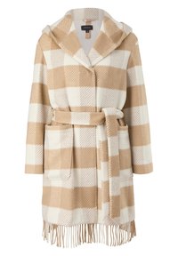 Béžový a bílý kostkovaný vlněný kabát s širokým límcem, páskem v oblasti pasu, náprsními kapsami a třásněmi na spodním lemu, velikost 36.