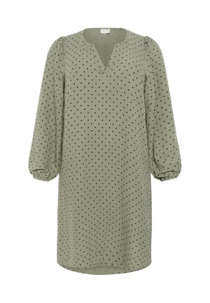 Green dress with long, puffed sleeves, featuring a V-neck and black polka dots. Made of lightweight fabric with a relaxed fit.