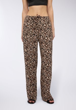 Pantaloni a gamba larga con stampa leopardata in beige e nero, dotati di vita elastica con cordoncino, tessuto morbido e vestibilità rilassata.