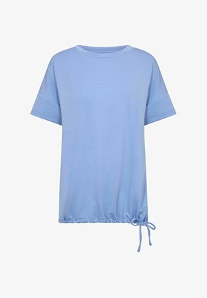 Lässiges, hellblaues T-Shirt aus weichem Stoff, mit kurzen Ärmeln, rundem Halsausschnitt und einer Kordelzugdetails am Saum.