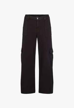 Musthave musta puuvillane cargo-püksid laia jala disainiga, millel on kaks esistaskut ja kaks külgtaskut. Lihtne ja vastupidav õmblus.