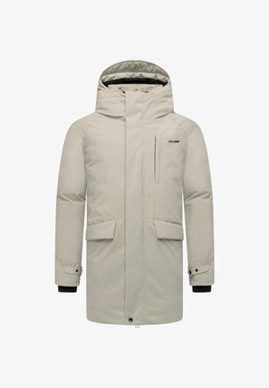 Lys beige vanntett parka jakke med hette, glidelåslukking foran, to utvendige lommer og svarte ermekanter. Enkel, funksjonell design.