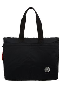 Sac fourre-tout en nylon noir avec doubles anses en tissu, fermeture éclair et un patch rond avec logo sur un côté. Texture lisse et design minimaliste.