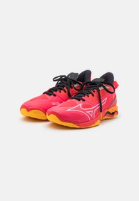Bright pink athletic shoes with black laces, white logo accents, and a yellow rubber sole; textured mesh upper for breathability.