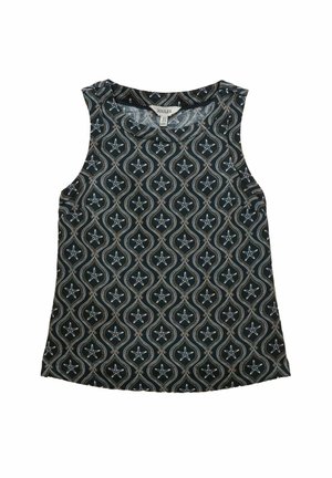 Czarny top bez rękawów z białym wzorem rozgwiazd i falistych diamentowych kształtów, oznaczony marką Joules, ułożony na płasko na białym tle.