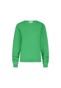 Groen pullover trui met lange mouwen. Heeft een ronde halslijn en geplooid detail bij de manchetten. Glad, effen stoftextuur.